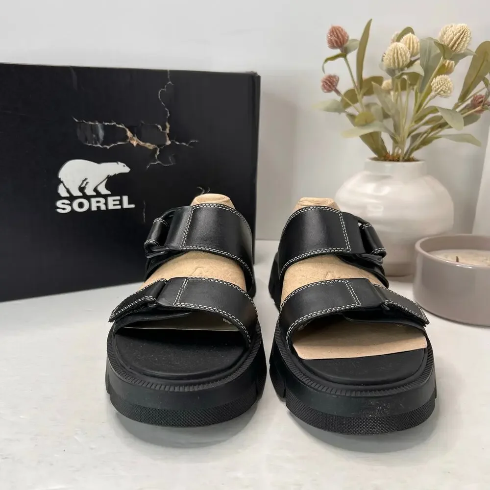 Sorel Rein CB Slide Leather Platform Sandal Black Women's 11 Tried On - Picture 2 of 11